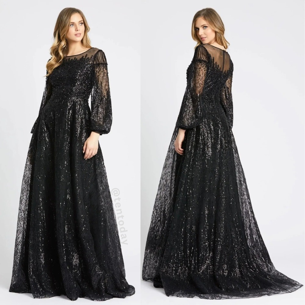 Mac Duggal Size 22‎ Black Jeweled Long Sleeve A-Line Ballgown Gown Maxi Dress